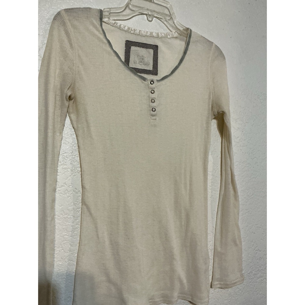 Henley Top Lace Ribbon Ivory Pointelle Ribbed Button Large Women's - Picture 2 of 8